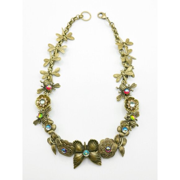 Butterfly, Bees, Dragonflies Floral Goldtone Jeweled Choker Necklace 15.5” - Picture 7 of 8